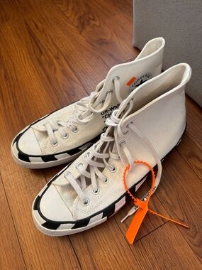 Off-White High-Top Canvas Sneakers in White with Black and Orange Accents